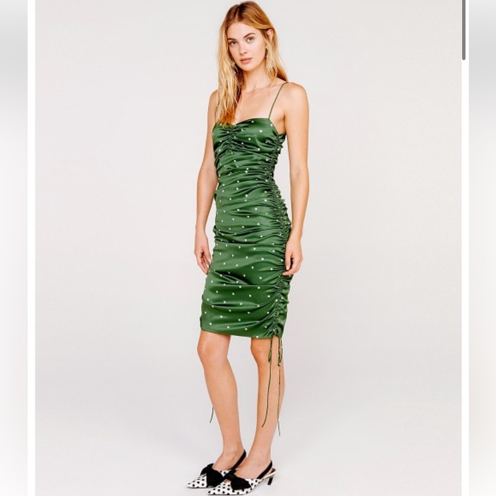 • For Love & Lemons • Women’s Paula Ruched Dress Juniper Green & white Polka Dot